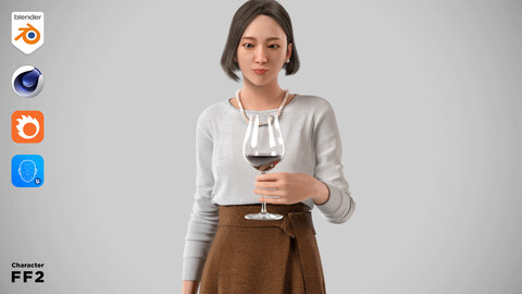 Modular Character - Asian Smart Casual Woman 3D model - FF2 / Blender, UE5, C4D