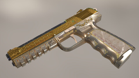 Golden engraved luxury pistol (low-poly, 2k textured, game-ready)