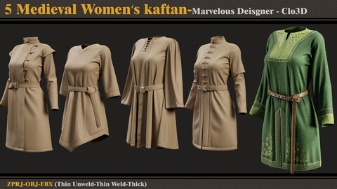 5 Medieval Women Kaftans/MD-Clo3D (ZPRJ + FBX + OBJ)