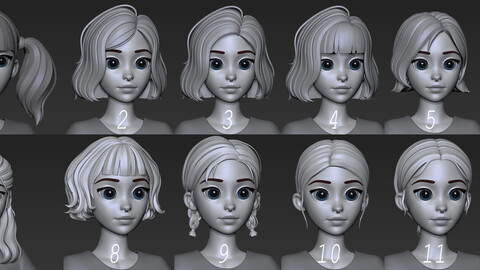 [Highpoly and Lowpoly] 12 Stylized Hair package 9 for female girl anime head man woman blonde brunette beautiful wig character hairstyle haircut human real time ingame lowpoly