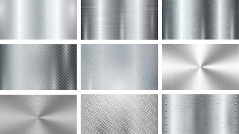 9 Metal Textures, Chrome Surface, Iron Background, Silver Pattern, Industry Metal, EPS Vector File