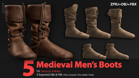 5 Medieval Men's Boots (VOL.01). Marvelous Designer/Clo3D project file+OBJ,FBX