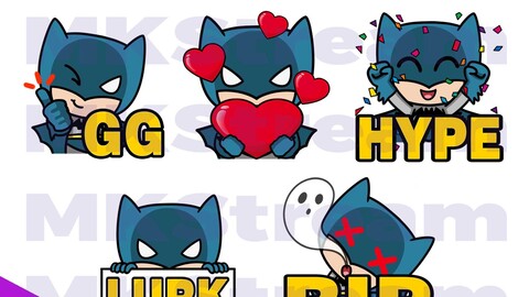 Emotes Chibi Batman gg, love, hype, lurk & rip pack