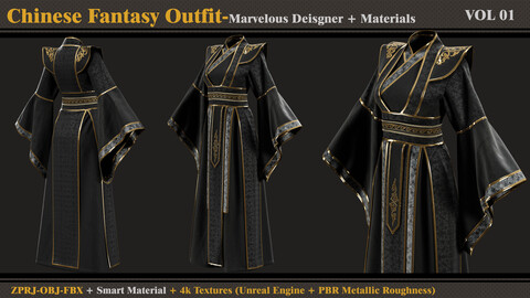 Chinese Fantasy Outfit-FEMALE-MD/Clo3d+Smart Material+4K Textures+OBJ+FBX (vol 01)