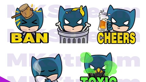 Emotes Chibi Batman ban hammer, trash, cheers, sip & toxic pack