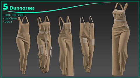 5 female dungarees/ zprj+obj+fbx/ clo3d, marvelous designer/pant/ vol1