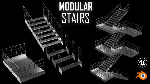 Modular Steel Stairs Kitbash - Game & Render Ready - Blender UE5