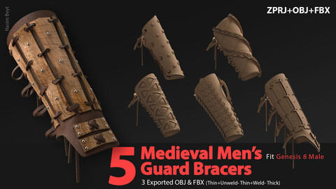 5 Medieval Men's Guard Bracers (VOL.01). Marvelous Designer/Clo3D project file+OBJ,FBX