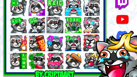 Raccoon Twitch Emotes Mega Pack, Kawaii Emojis Bundle, Channel Points / Streamer Graphics, discord, Kick, Youtube, Tiktok