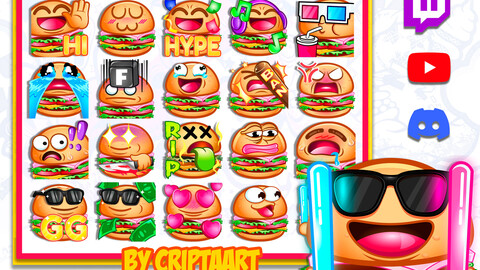 Burger Twitch Emotes Mega Pack, Junk Food Channel Points, Stream Graphics, Youtube, Discord