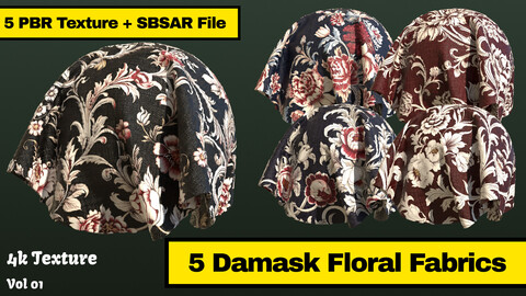 5 Damask Floral Fabrics - PBR Texture + SBSAR File - Vol 1