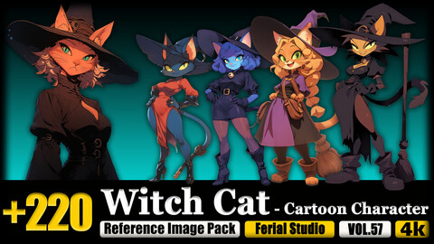 220 Witch Cat - Cartoon Character Reference Image Pack v.57 |4K|