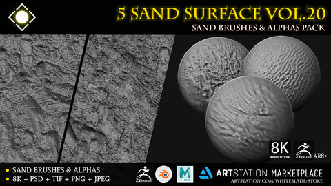 5 Sand Digital Surface Brushes & Alphas Vol.20 - ZBrush 4R8+/Blender/Mudbox/3dcoat