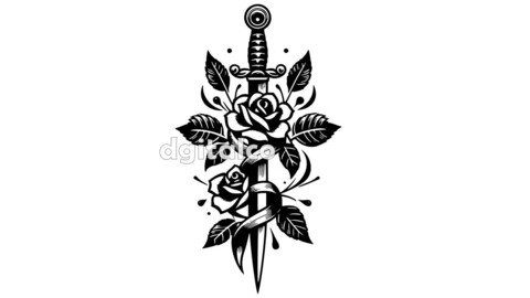 Dagger and Roses Old School Tattoo Vector Pack – Bold & Timeless Design | Includes SVG, AI, EPS, PNG, JPEG, PDF