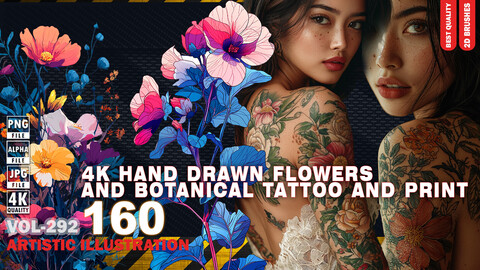 160 4K  HAND DRAWN FLOWERS AND BOTANICAL TATTOO AND PRINT - ARTISTIC ILLUSTRATION - HIGH END QUALITY - (JPEG & TRANSPARENT PNG & ALPHA ) - VOL292