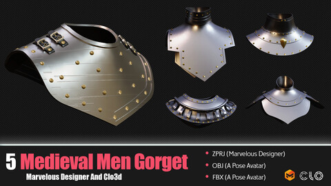 5 Medieval Men's Gorget (CLO3D, MD PROJECTS+OBJ+FBX) Vol 01