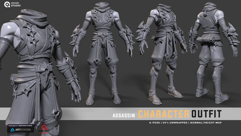 Stylized Assassin Outfit | UV's unwrapped ready for Texture | High-Resolution baked Normal Map included | A pose | FBX | OBJ