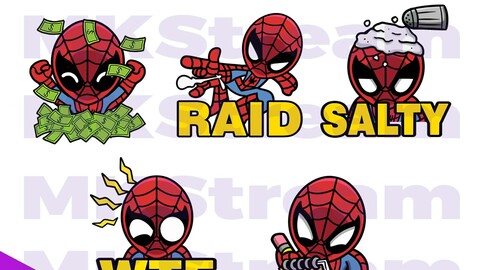 Emotes Chibi Spiderman rich, raid, salty, wtf & note pack