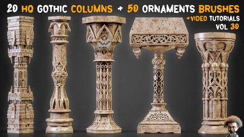 20 HQ Gothic Columns + 50 Ornaments Brushes + IMM Brush + Video Tutorials - Vol 30