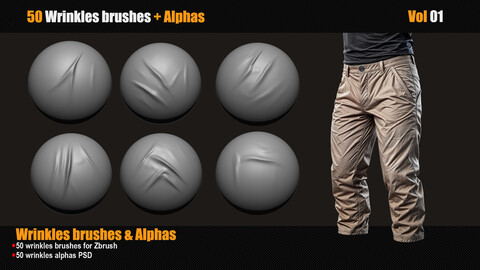 50 Wrinkles Brush for Zbrush + 50 Wrinkles Alpha