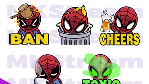 Emotes Chibi Spiderman ban hammer, trash, cheers, sip & toxic pack