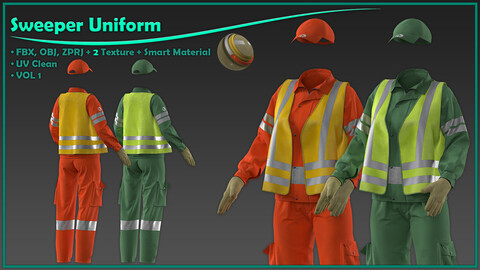 female street sweeper uniform with 2texture and smart material/ zprj+obj+fbx+4K PBR+SPSM/ clo3d, marvelous designer/outfit