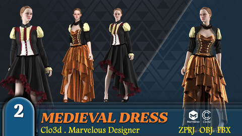 Medieval Dress, Clo3D project file + OBJ + FBX +Clo3d UV