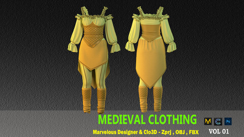 MEDEIVAL CLOTHING - VOL1 (CLO3D & MARVELOUS DESIGNER ) ZPRJ,FBX,OBJ,PNG,UV