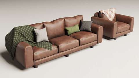 80s Brown Leather Sofa and Armchair Set