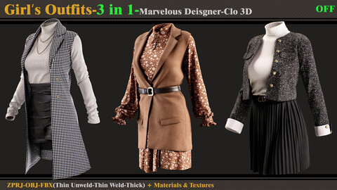 3 in 1 Girl's Outfits- MD/Clo3d (OBJ + FBX +ZPRJ)+Materials+Textures (vol12-OFF)