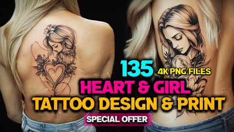 140 Heart & girl Hand Drawn Tattoo and Print Design - ARTISTIC ILLUSTRATION - ( PNG Files ) - 4K High Quality