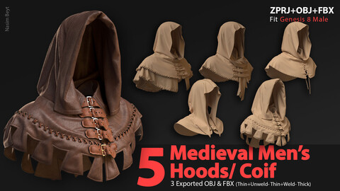 5 Medieval Men's Hoods/ Coif (VOL.01). Marvelous Designer/Clo3D project file+OBJ,FBX