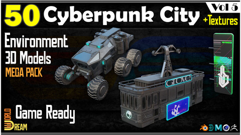 50 Cyberpunk City 3D Models with Textures | Game Ready | Vol 5