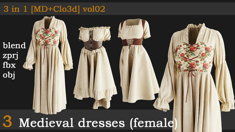 3 Medieval dresses(female)[fbx+obj+zprj+blend]vol02