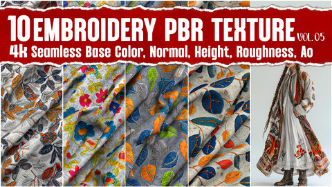 Embroidery Fabric VOL.05|4K Seamless PNG PBR Textures