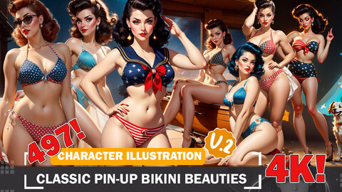 497 Classic 50s Pin-Up Girls Bikini Beauties Diverse Character and Outfit Reference Intricate Designs and Reference Art V2 4K