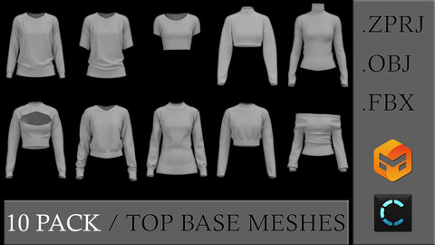 10 Shirts Base Meshes / Marvelous Designer / Clo3D / ZPRJ / OBJ / FBX