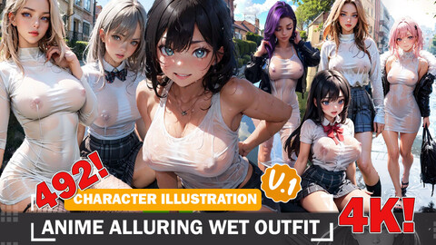 492 Anime Alluring Wet Beauties Diverse Outfit Character Design Reference Art V1 4K