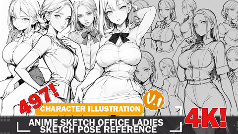 497 Anime Sketch Office Ladies Pose Reference Diverse Outfit Character Design Reference Art V1 4K