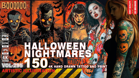 HALLOWEEN NIGHTMARES - 150 4K HAND DRAWN TATTOO AND PRINT - HIGH END QUALITY - (JPEG & TRANSPARENT PNG & ALPHA ) - VOL295