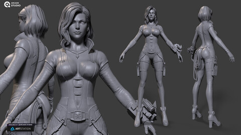 Sifi-Female Character | UV's Unwrapped | Ready for Texturing | A-Pose | High-Res Normal Map | Hair Alpha included