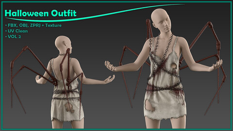 female Halloween outfit with texture/ zprj+obj+fbx+4K PBR/ clo3d, marvelous designer/ vol2