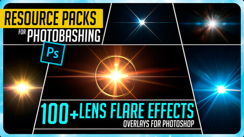 PHOTOBASH 100+ Lens Flare Overlay Effects Resource Pack Photos for Photobashing in Photoshop