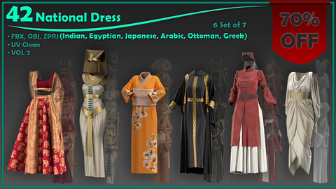 42 national female dress/ zprj+obj+fbx/ clo3d, marvelous designer/Indian, Greek, Egyptian, Arabic, Japanese, Ottoman/mega pack vol2