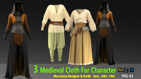 3 Medieval Cloth For Character  - VOL1 (CLO3D & MARVELOUS DESIGNER ) ZPRJ,FBX,OBJ,PNG,UV