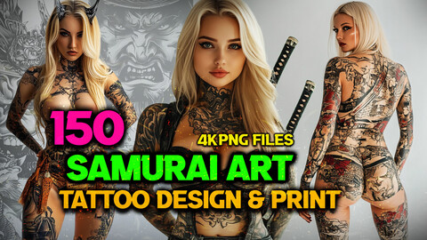 150 Samurai Tattoo Design and Print Art ( PNG Files )-4K High Quality