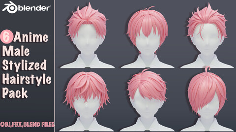 6 Stylized Anime Male Hairstyle Pack (low poly)(blender curves) -blend , OBJ, FBX files