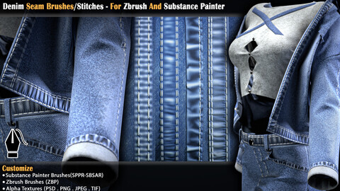 Denim Seam Brushes/Stitches - For Zbrush And Substance Painter (VOL-03)