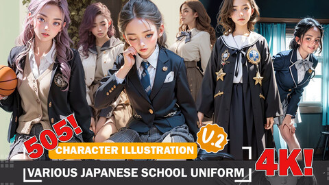 505 Anime Japanese School Uniform Beauties Diverse Outfit Character Design Reference Art V2 4K