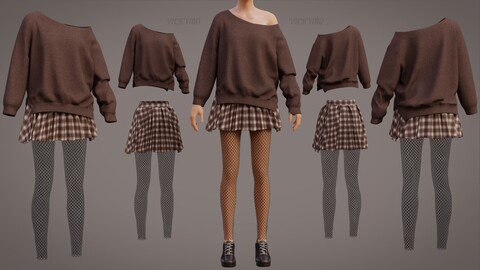 3D Plaid Mini Skirt Knit Sweater Cardigan and Fishnet Tights y2K Outfit